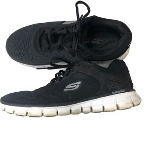 Skechers Knit Flex Sole Sneakers Women's Sz 7 Black Silver Lace Up Running